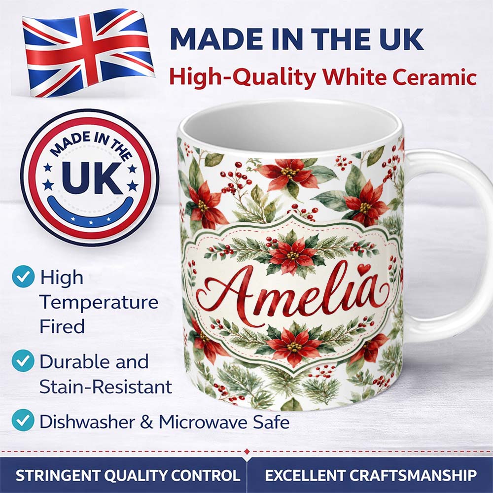 Personalized Custom Name Watercolor Poinsettia Flowers Holly Leaves Red Berries Seamless 11oz Ceramic Coffee Tea Mug White Large Handle