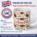Personalized Custom Name Watercolor Poinsettia Flowers Holly Leaves Red Berries Seamless 11oz Ceramic Coffee Tea Mug White Large Handle