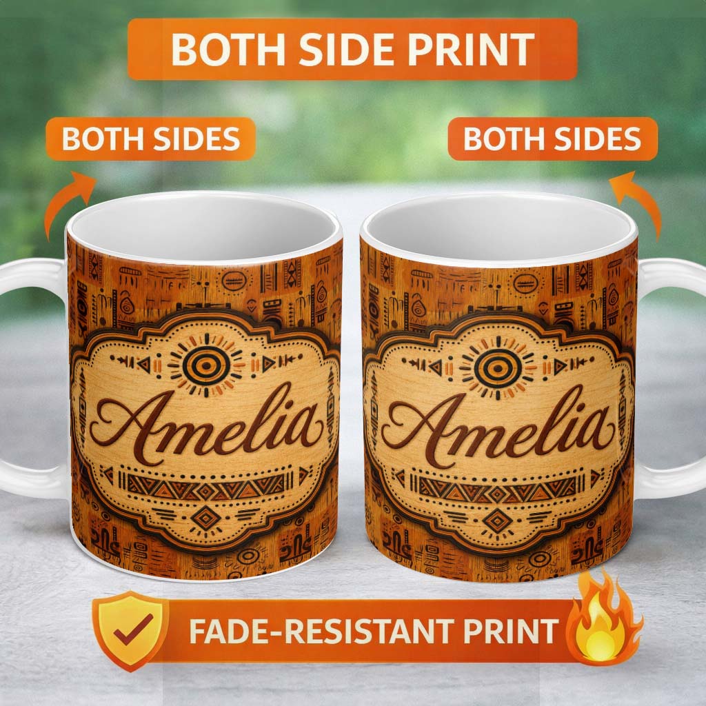 Personalized Custom Name Tribal Symbol Patchwork with African Inspired in Warm Orange and 11oz Ceramic Coffee Tea Mug White Large Handle