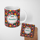 Personalized Custom Name Cute Christmas Bells Skates Candy Cane Seamless Pattern Winter 11oz Ceramic Coffee Tea Mug White Large Handle