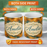 Personalized Custom Name Abstract Gold and Teal Oil Paint Texture Seamless Pattern Lovely 11oz Ceramic Coffee Tea Mug White Large Handle