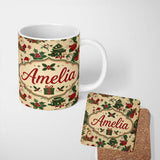 Personalized Custom Name Cute Cartoon Santa Christmas Tree Holly Seamless Pattern Lovely 11oz Ceramic Coffee Tea Mug White Large Handle