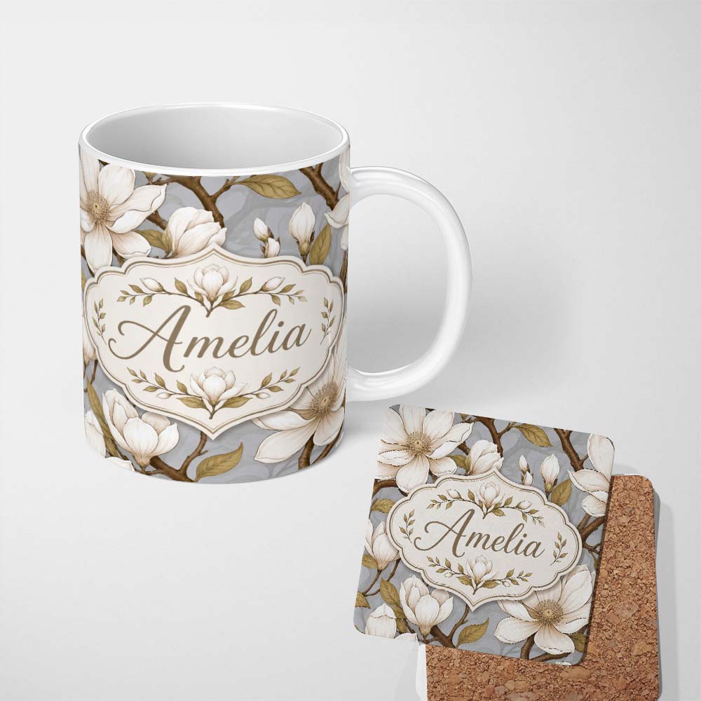 Personalized Custom Name Vintage Style Magnolia Flowers with Branches Seamless Pattern Lovely 11oz Ceramic Coffee Tea Mug White Large Handle