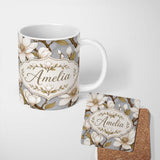 Personalized Custom Name Vintage Style Magnolia Flowers with Branches Seamless Pattern Lovely 11oz Ceramic Coffee Tea Mug White Large Handle