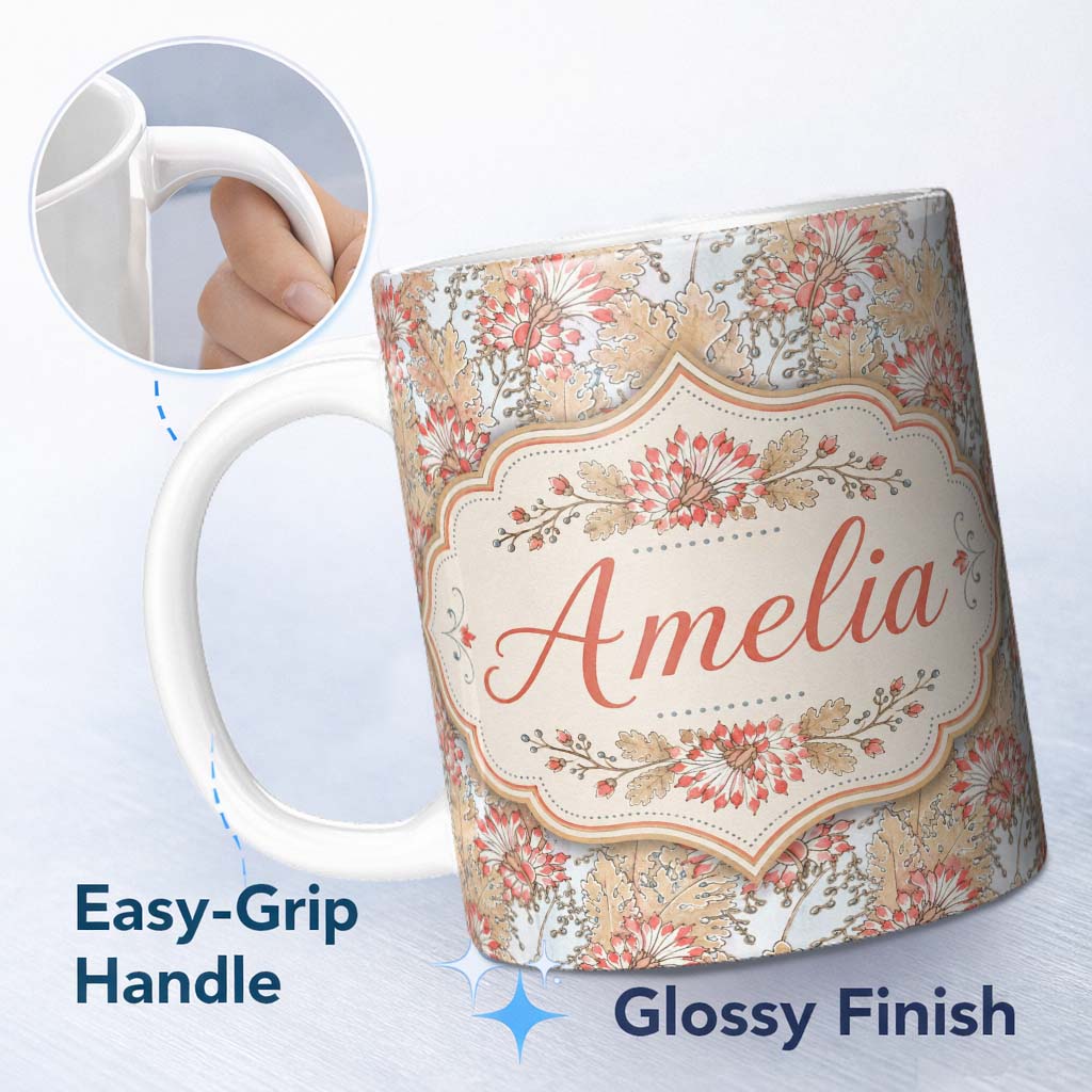 Personalized Custom Name Vintage Botanical Floral Beige Background Classic Seamless Pattern 11oz Ceramic Coffee Tea Mug White Large Handle