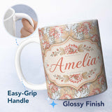 Personalized Custom Name Vintage Botanical Floral Beige Background Classic Seamless Pattern 11oz Ceramic Coffee Tea Mug White Large Handle
