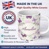Personalized Custom Name Pink Purple Butterfly Floral Beige Background Seamless Pattern 11oz Ceramic Coffee Tea Mug White Large Handle