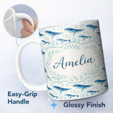 Personalized Custom Name Watercolor Blue Whale Seaweed Seamless Pattern Marine Ocean Design 11oz Ceramic Coffee Tea Mug White Large Handle