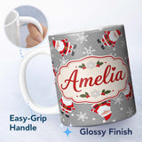 Personalized Custom Name Cute Santa Claus Snowflakes Grey Background Seamless Pattern Lovely 11oz Ceramic Coffee Tea Mug White Large Handle