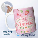 Personalized Custom Name Cute Strawberry Cherry Ribbon Bow Sweet Dessert Pattern Warm 11oz Ceramic Coffee Tea Mug White Large Handle