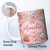 Personalized Custom Name Cute Cupid Angels Hearts Sweets Balloon Love Elements Pattern Peach 11oz Ceramic Coffee Tea Mug White Large Handle