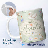 Personalized Custom Name Swan and Ducklings with Flowers Mushrooms Soft Sage Seamless 11oz Ceramic Coffee Tea Mug White Large Handle