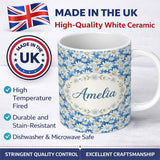 Personalized Custom Name Blue Watercolor Daisy Floral Seamless Pattern Cute Unique Gift 11oz Ceramic Coffee Tea Mug White Large Handle