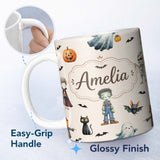 Personalized Custom Name Halloween Zombie Mummy Vampire and Bat Characters Beige Background 11oz Ceramic Coffee Tea Mug White Large Handle