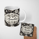 Personalized Custom Name Soft Ivory Rose Blossoms Navy Background Seamless Pattern Lovely 11oz Ceramic Coffee Tea Mug White Large Handle