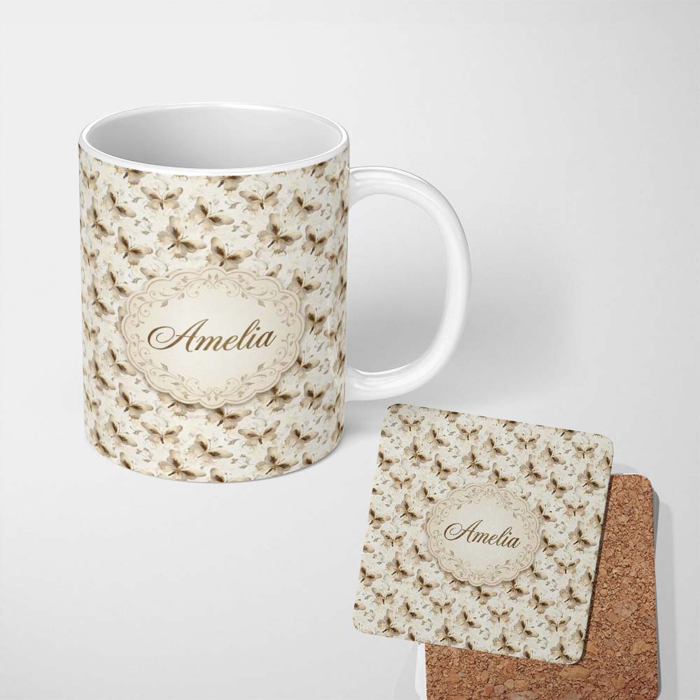 Personalized Custom Name Elegant Gold Butterfly Floral Decorative Seamless Pattern Lovely 11oz Ceramic Coffee Tea Mug White Large Handle