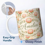 Personalized Custom Name Light Peach Protea Botanical Illustration Seamless Pattern Lovely 11oz Ceramic Coffee Tea Mug White Large Handle
