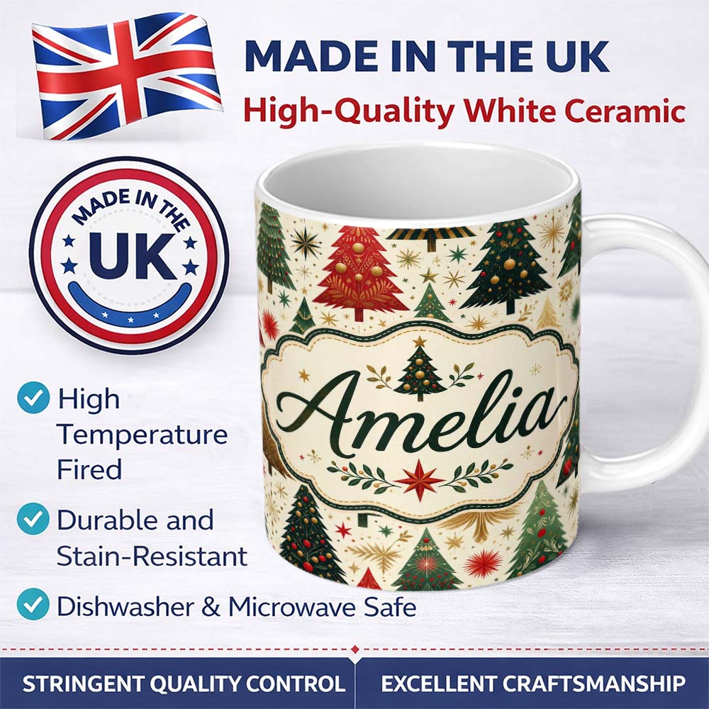 Personalized Custom Name Elegant Christmas Trees Gold Green Red Stars Festive Seamless Lovely 11oz Ceramic Coffee Tea Mug White Large Handle