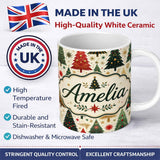 Personalized Custom Name Elegant Christmas Trees Gold Green Red Stars Festive Seamless Lovely 11oz Ceramic Coffee Tea Mug White Large Handle