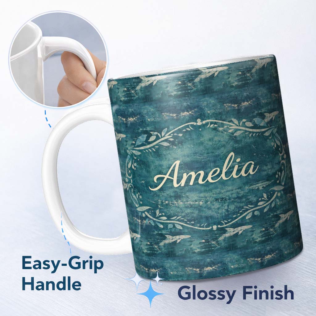 Personalized Custom Name Dark Ocean Whale Seamless Pattern Deep Sea Marine Animal Design 11oz Ceramic Coffee Tea Mug White Large Handle