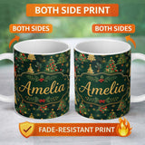 Personalized Custom Name Vintage Christmas Trees with Red Gold Ornaments and Festive Stars 11oz Ceramic Coffee Tea Mug White Large Handle