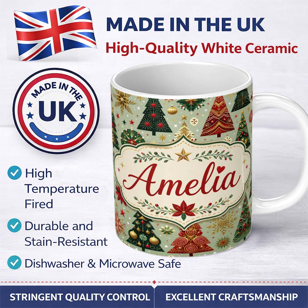 Personalized Custom Name Luxury Christmas Trees Gold Red Snowflakes Festive Seamless Pattern 11oz Ceramic Coffee Tea Mug White Large Handle