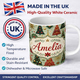 Personalized Custom Name Luxury Christmas Trees Gold Red Snowflakes Festive Seamless Pattern 11oz Ceramic Coffee Tea Mug White Large Handle