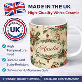 Personalized Custom Name Elegant Christmas Floral Holly Ornaments Snowflakes and Festive 11oz Ceramic Coffee Tea Mug White Large Handle