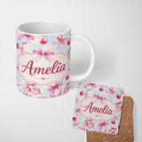 Personalized Custom Name Watercolor Cherry Bow Ribbon Blue Beige Gingham Seamless Pattern 11oz Ceramic Coffee Tea Mug White Large Handle