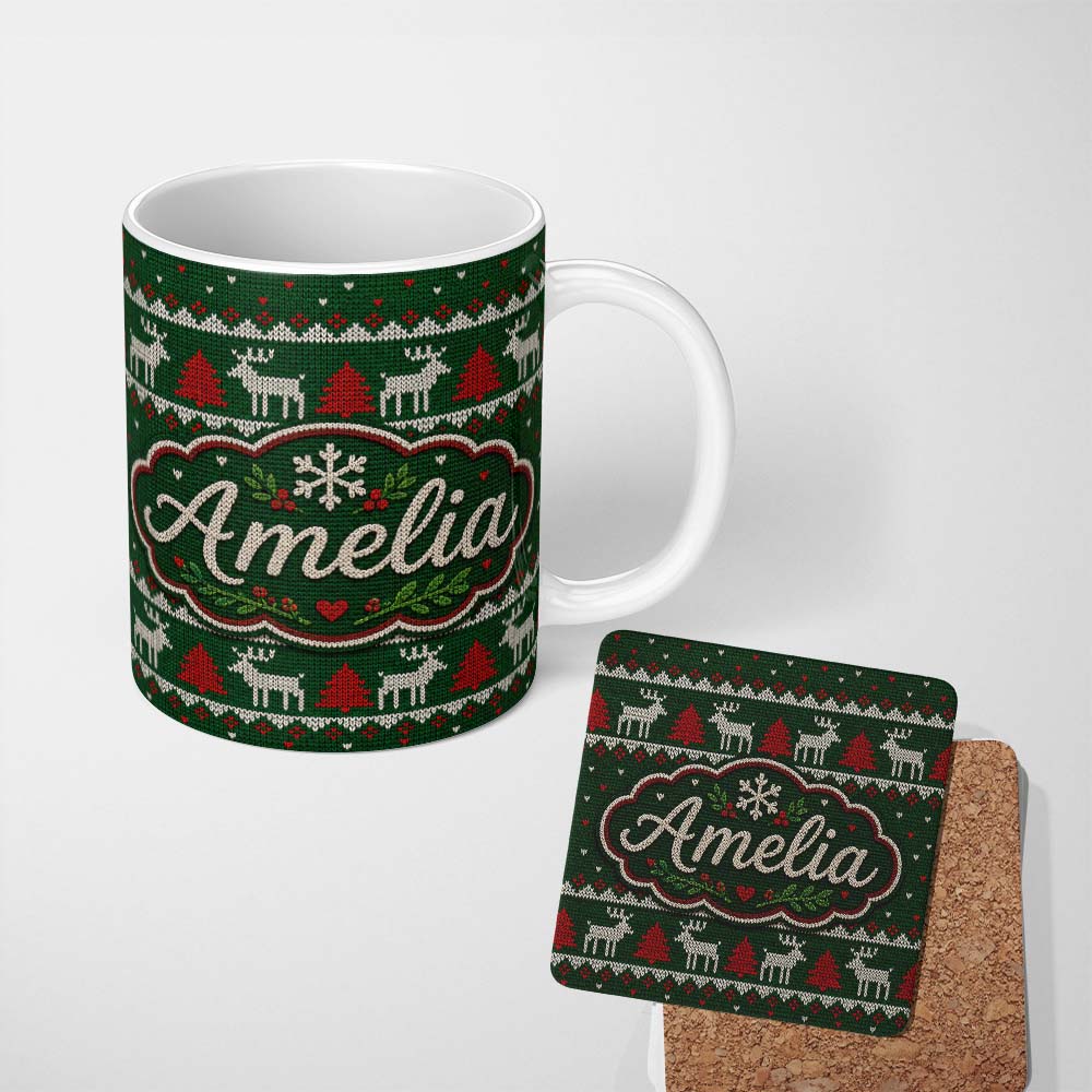Personalized Custom Name Scandinavian Reindeer Mountain Knit Pattern Green Red White Lovely 11oz Ceramic Coffee Tea Mug White Large Handle