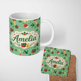 Personalized Custom Name Christmas Gifts Candy Cane Holly Mitten Seamless Pattern Lovely 11oz Ceramic Coffee Tea Mug White Large Handle
