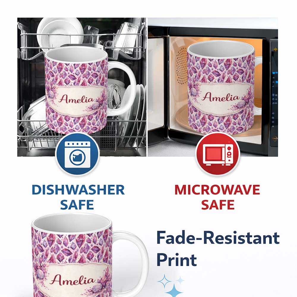 Personalized Custom Name Purple Pink Watercolor Crystal Gem Seamless Pattern Cute Unique Gift 11oz Ceramic Coffee Tea Mug White Large Handle