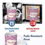Personalized Custom Name Purple Pink Watercolor Crystal Gem Seamless Pattern Cute Unique Gift 11oz Ceramic Coffee Tea Mug White Large Handle