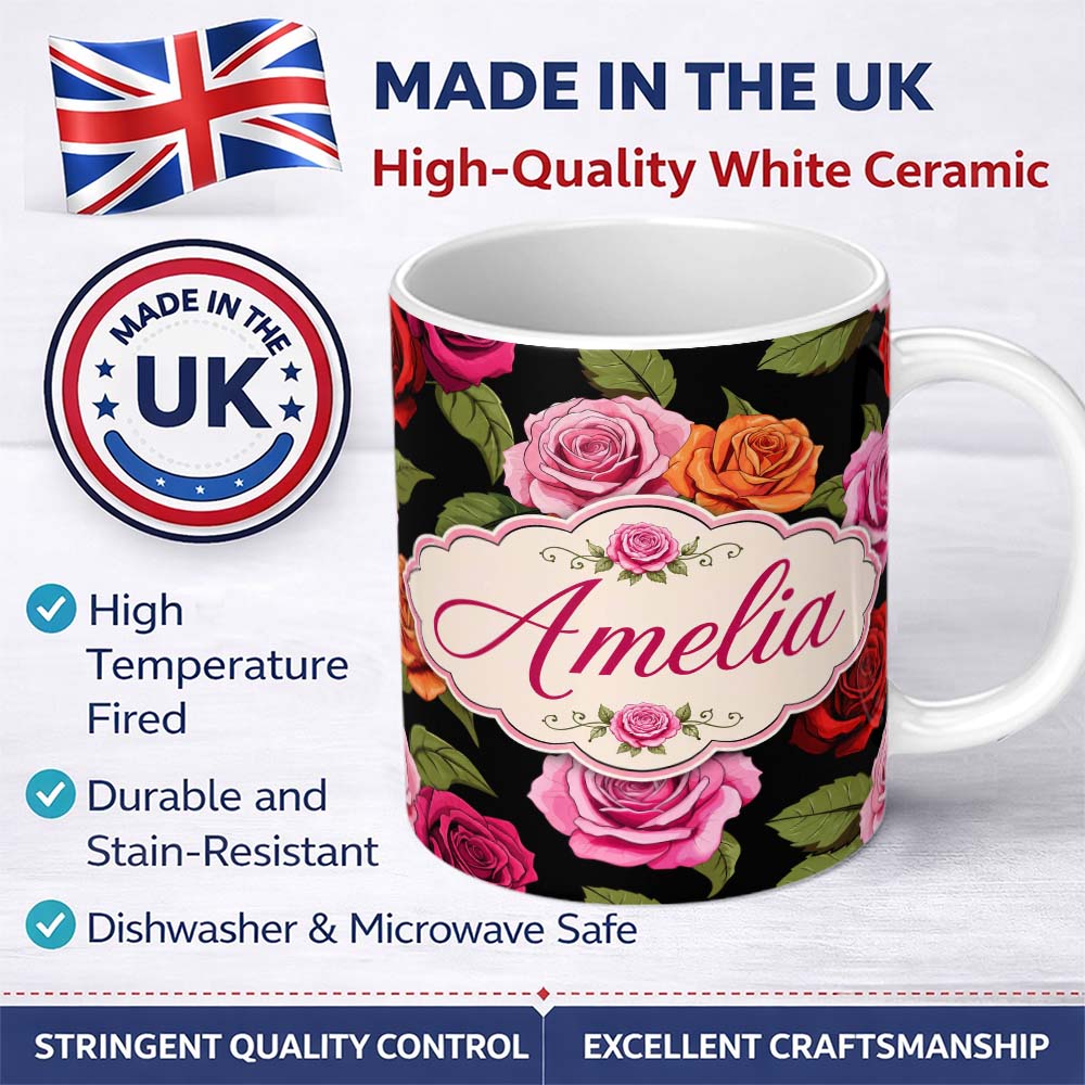 Personalized Custom Name Colorful Roses on Black Background Seamless Floral Pattern Lovely 11oz Ceramic Coffee Tea Mug White Large Handle