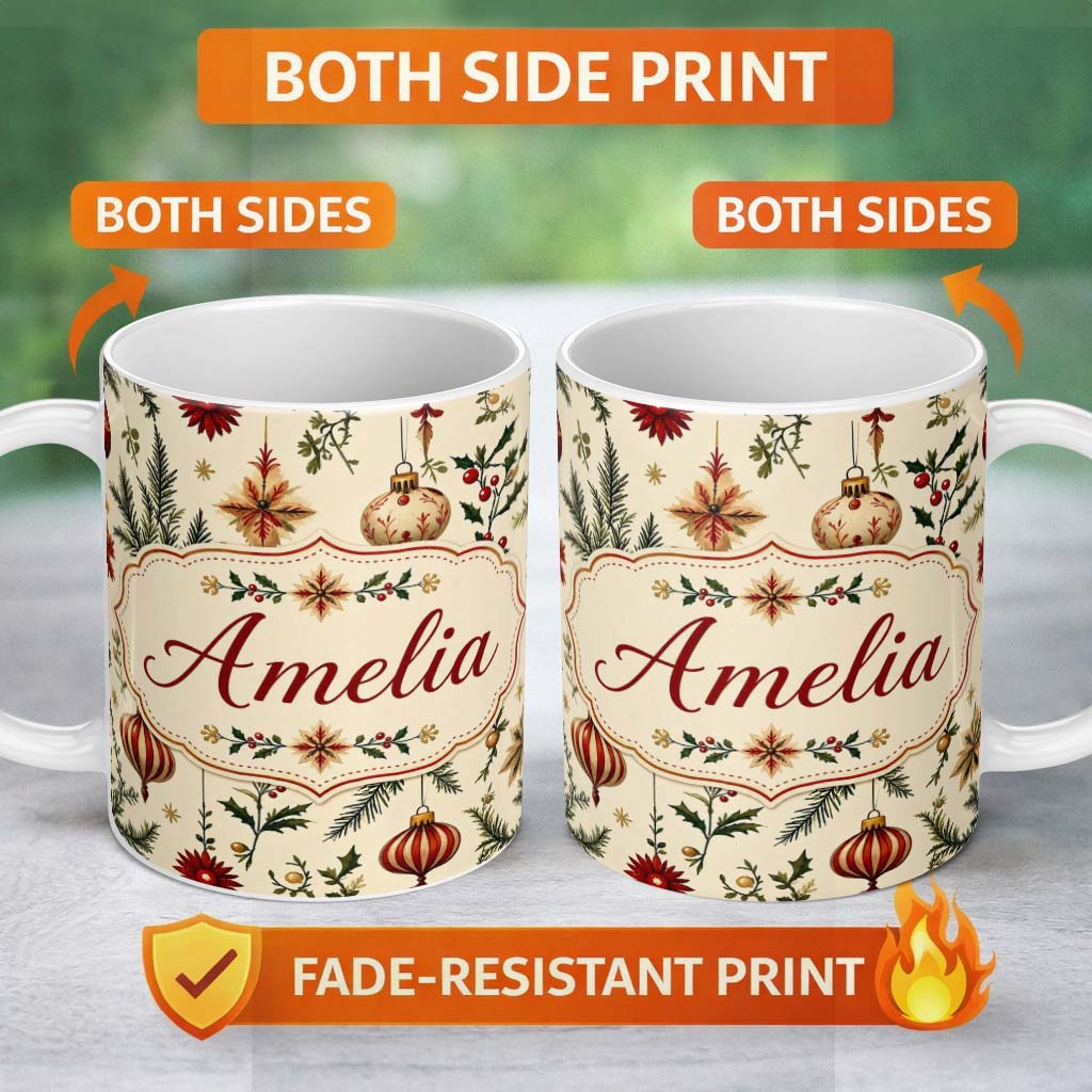Personalized Custom Name Elegant Christmas Baubles Holly Berry Botanical Seamless Pattern 11oz Ceramic Coffee Tea Mug White Large Handle