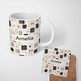Personalized Custom Name Brush Stroke Texture Black Cream Vertical Abstract Pattern Lovely 11oz Ceramic Coffee Tea Mug White Large Handle