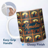 Personalized Custom Name Tropical Sunset Monkey Silhouette in Decorative Frame Repeat Pattern 11oz Ceramic Coffee Tea Mug White Large Handle