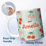 Personalized Custom Name Cherry Fruit Vertical Stripe Green Background Seamless Pattern 11oz Ceramic Coffee Tea Mug White Large Handle