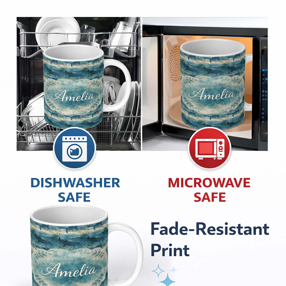 Personalized Custom Name Vintage Ocean Whale Seamless Pattern Textured Marine Animal Design 11oz Ceramic Coffee Tea Mug White Large Handle