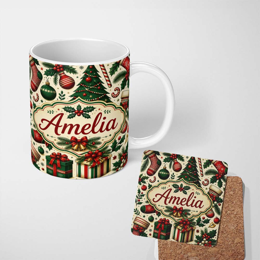 Personalized Custom Name Classic Christmas Tree Gift Holly Berry Festive Seamless Pattern 11oz Ceramic Coffee Tea Mug White Large Handle