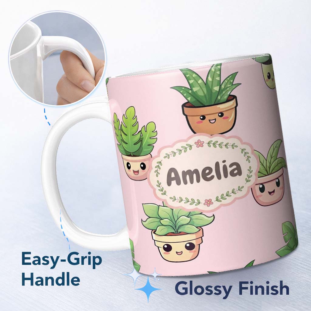 Personalized Custom Name Cute Kawaii Smiling Plant Pots Leaves Seamless Pattern Blush Lovely 11oz Ceramic Coffee Tea Mug White Large Handle