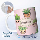 Personalized Custom Name Cute Kawaii Smiling Plant Pots Leaves Seamless Pattern Blush Lovely 11oz Ceramic Coffee Tea Mug White Large Handle