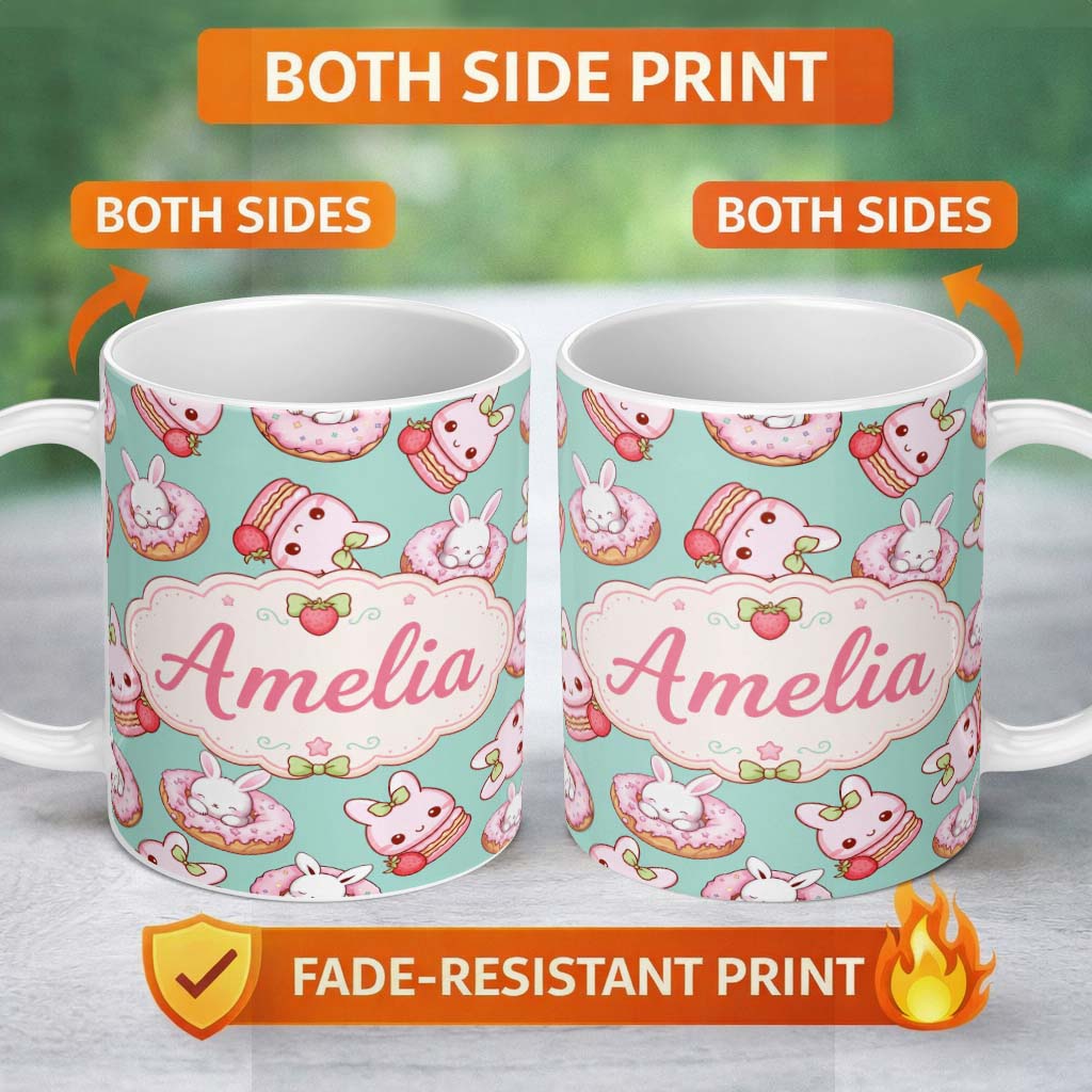 Personalized Custom Name Cute Kawaii Bunny Donuts Strawberry Dessert Seamless Pattern Teal 11oz Ceramic Coffee Tea Mug White Large Handle