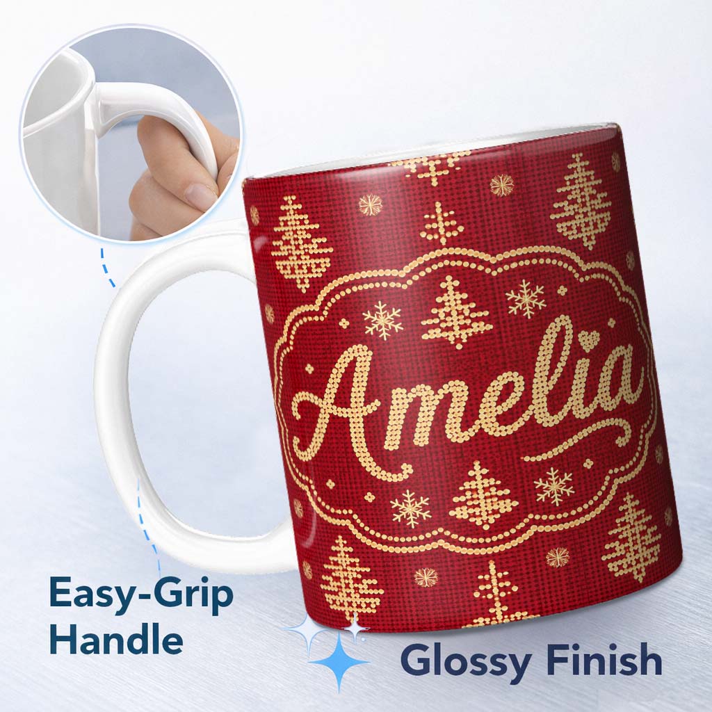 Personalized Custom Name Festive Red Gold Christmas Tree Snowflake Knit Seamless Pattern 11oz Ceramic Coffee Tea Mug White Large Handle
