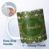 Personalized Custom Name Green Leopard Gold Glitter Christmas Seamless Pattern Lovely 11oz Ceramic Coffee Tea Mug White Large Handle