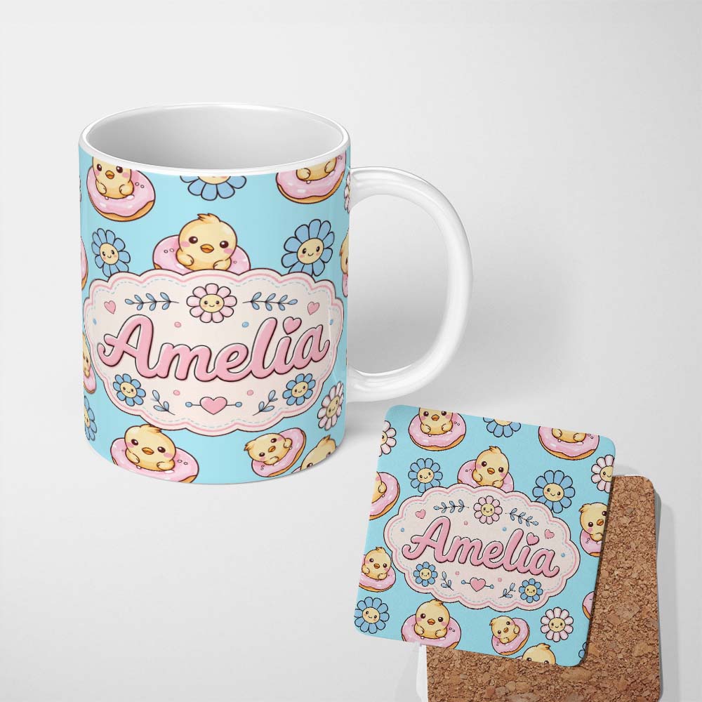 Personalized Custom Name Cute Baby Chick Donut Flowers Seamless Pattern Aqua Blue Background 11oz Ceramic Coffee Tea Mug White Large Handle