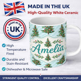 Personalized Custom Name Decorated Christmas Tree with Colorful Baubles on Blue Striped 11oz Ceramic Coffee Tea Mug White Large Handle