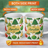 Personalized Custom Name Whimsical Christmas Trees with Baubles Ornaments and Snowflakes 11oz Ceramic Coffee Tea Mug White Large Handle