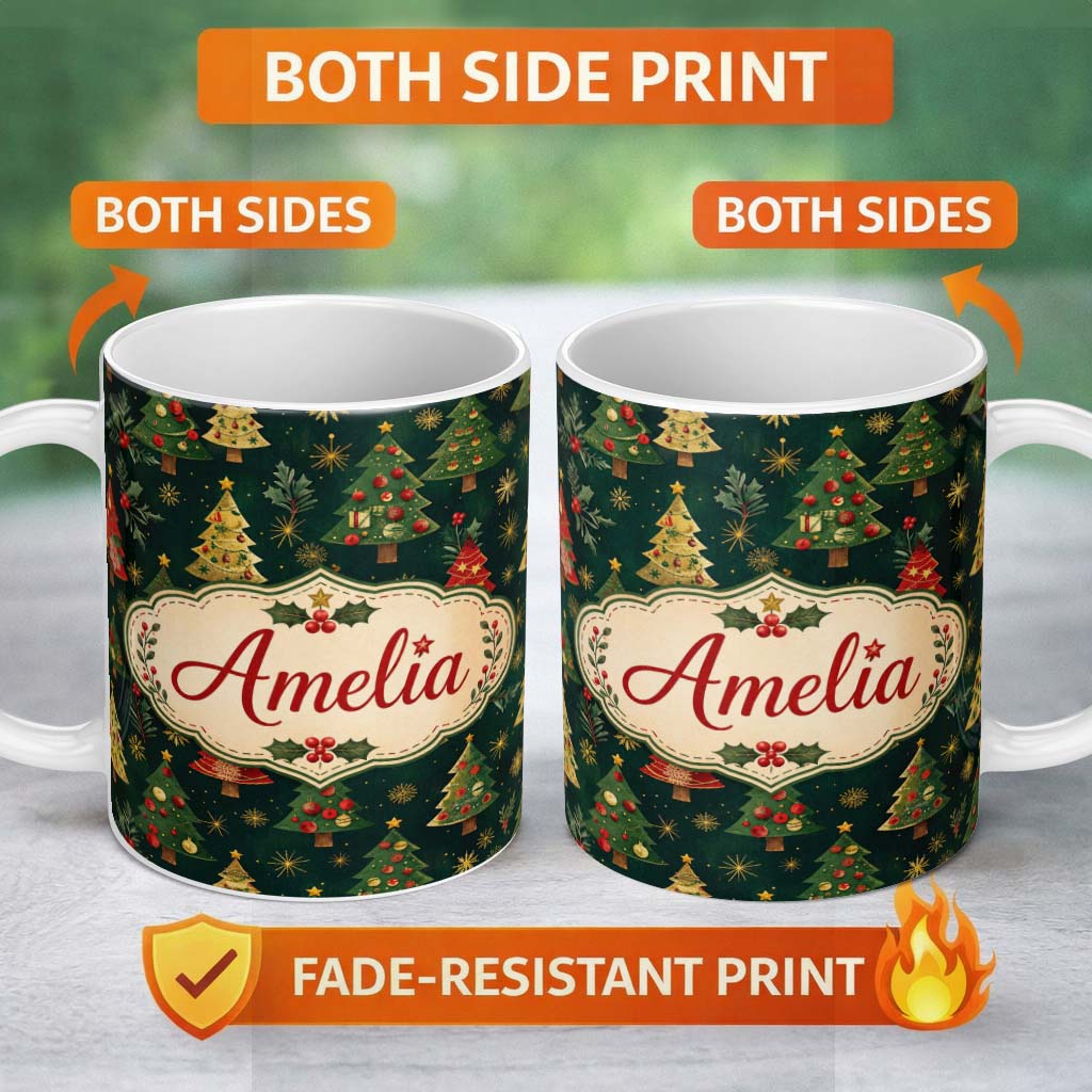 Personalized Custom Name Vintage Christmas Trees Dark Green Gold Stars Holiday Seamless 11oz Ceramic Coffee Tea Mug White Large Handle