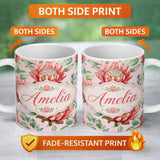 Personalized Custom Name Coral Protea Flowers on Blush Pink Background Seamless Botanical 11oz Ceramic Coffee Tea Mug White Large Handle